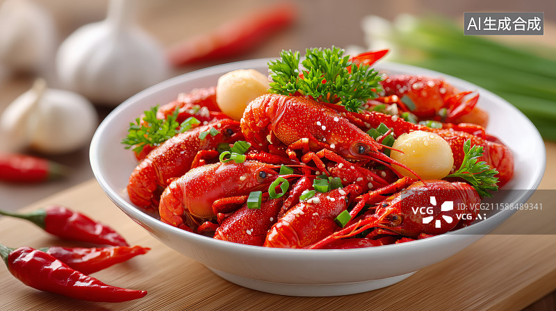 【AI数字艺术】麻辣小龙虾配蔬菜和调料图片素材