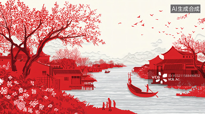 【AI数字艺术】中国风红色剪纸风景画：山水古镇，舟行桥影图片素材