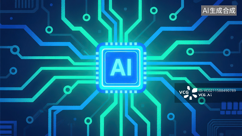 【AI数字艺术】由发光线条粒子流动组成芯片电路板插画，科技电路艺术风格人工智能AI芯片超导处理器概念图片素材