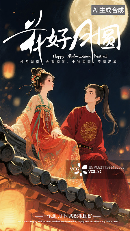 【AI数字艺术】国风中秋节海报模版 古风手绘人物插画，古代建筑房顶上的情侣，月上柳梢头，人约黄昏后 竖版图片素材