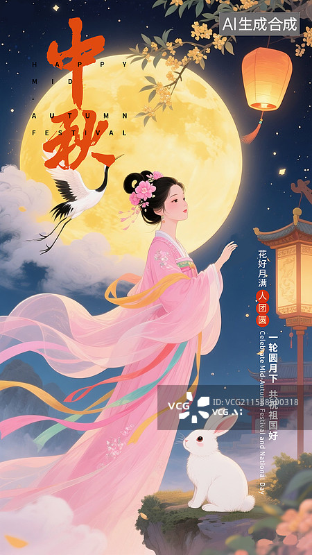 【AI数字艺术】嫦娥和玉兔的中秋节日插画海报模版 古风女孩和玉兔在满月前 国风嫦娥神话背景图 竖版图片素材