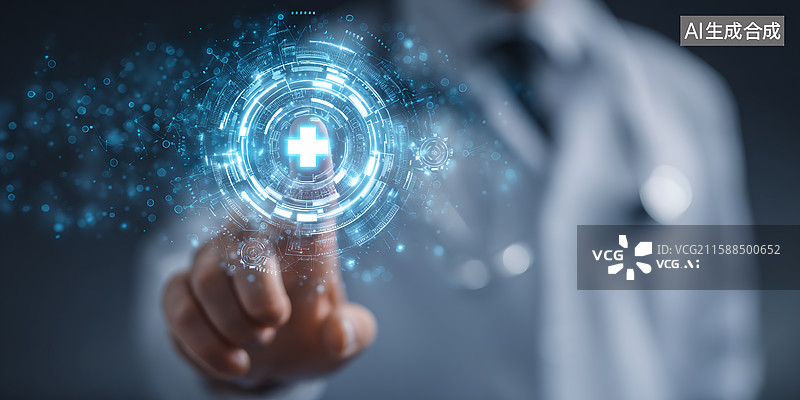 【AI数字艺术】未来科技炫酷医疗图标交互画面，以医生手指点击及十字元素，呈现虚拟创新信息能量的科幻场景图片素材