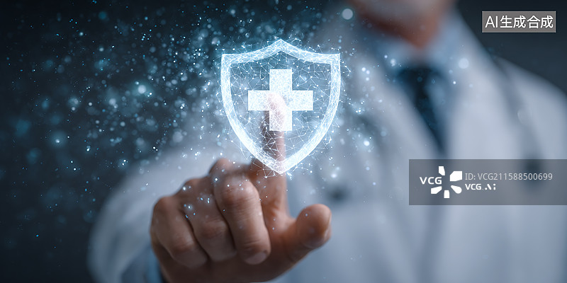 【AI数字艺术】未来科技炫酷医疗图标交互画面，以医生手指点击及十字元素，呈现虚拟创新信息能量的科幻场景图片素材