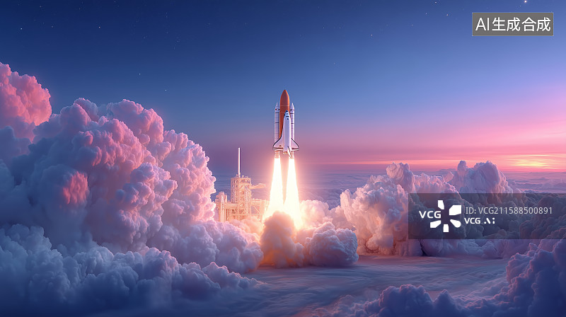 【AI数字艺术】火箭穿越云层升空图片素材