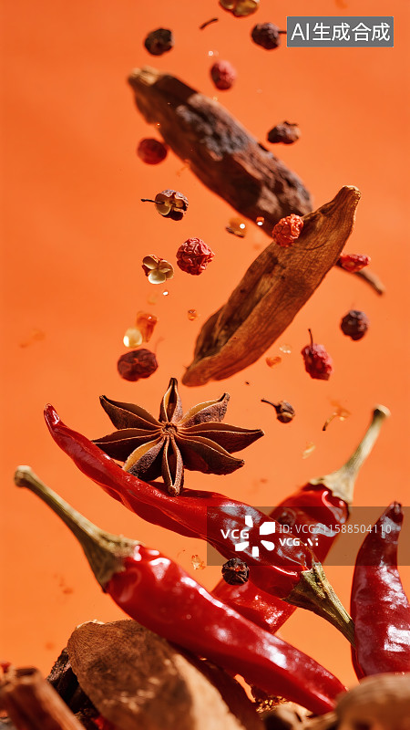 【AI数字艺术】3D渲染飞翔的辣椒香料食物摄影图片素材