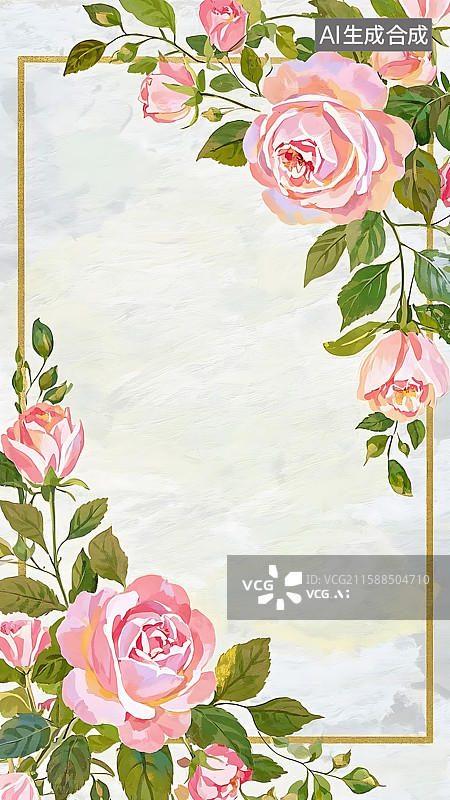 【AI数字艺术】粉色玫瑰花边框，简约优雅图片素材