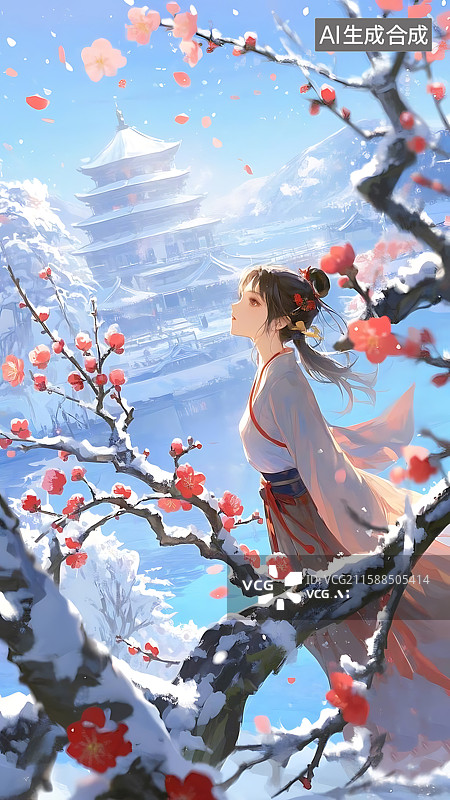 【AI数字艺术】雪中女子与红梅：一幅唯美中国风图景图片素材