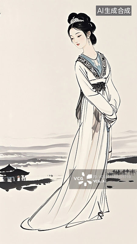 【AI数字艺术】古风女子立于山水之间图片素材