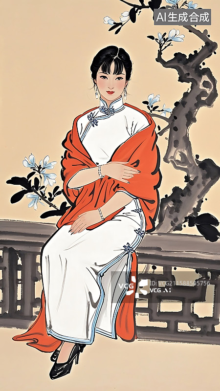 【AI数字艺术】仕女图：着旗袍倚栏而坐的东方女性图片素材