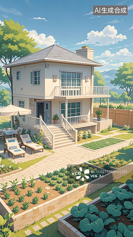 【AI数字艺术】庭院风光：阳光下的温馨小屋图片素材