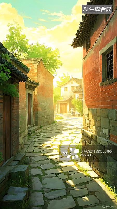 【AI数字艺术】古朴小巷，阳光洒满石板路图片素材