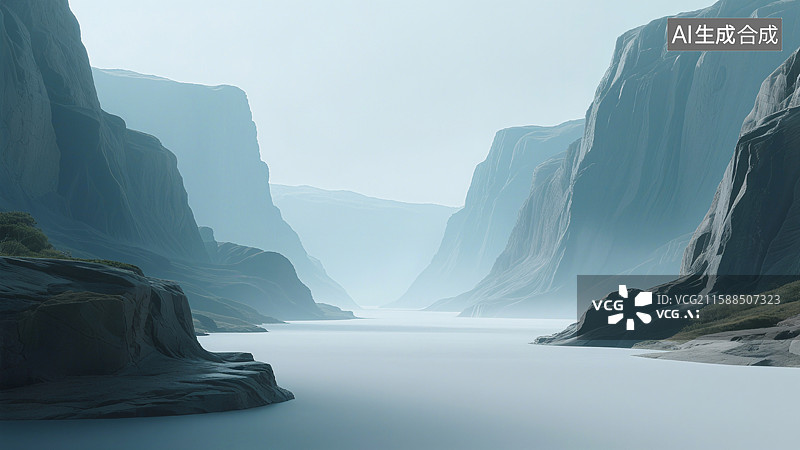 【AI数字艺术】宁静的峡湾两侧是陡峭的悬崖，水面平静，远处雾气弥漫，景色幽静神秘图片素材