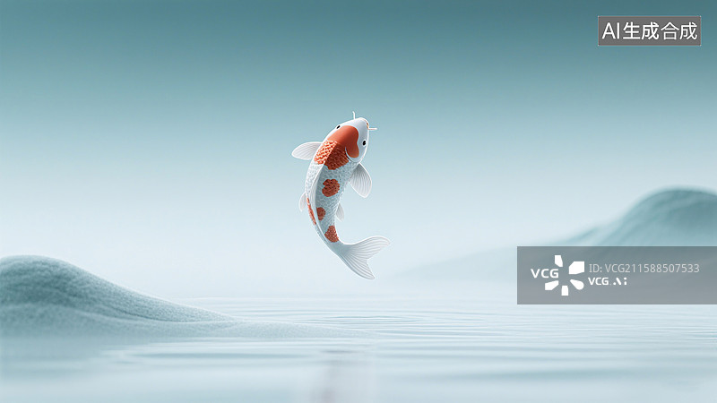 【AI数字艺术】一条红白锦鲤跃出水面，背景是朦胧的山峦和平静的水面图片素材