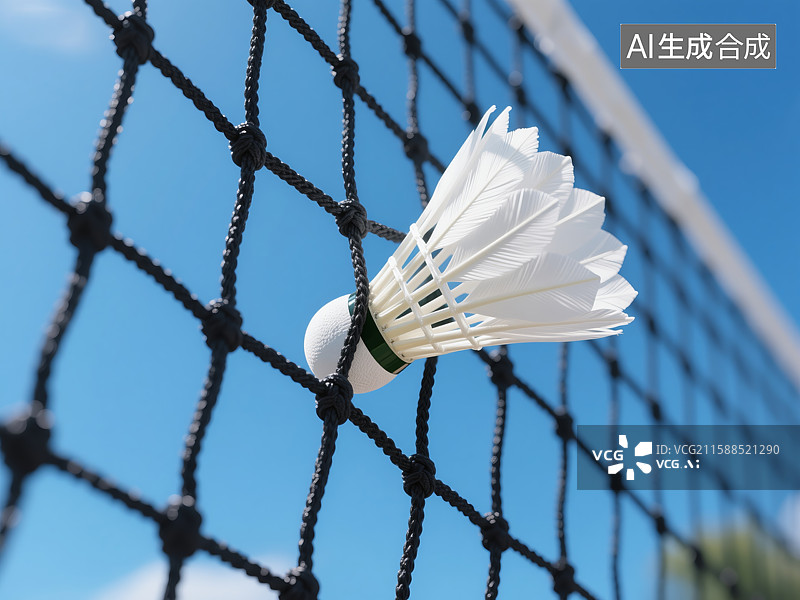 【AI数字艺术】羽毛球卡在网上的特写图片素材