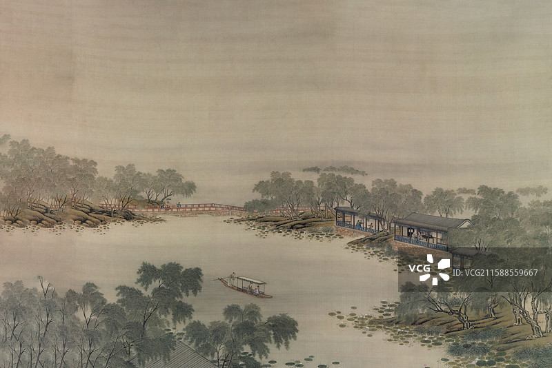 古代绘画局部，清代，夏日荷塘图片素材