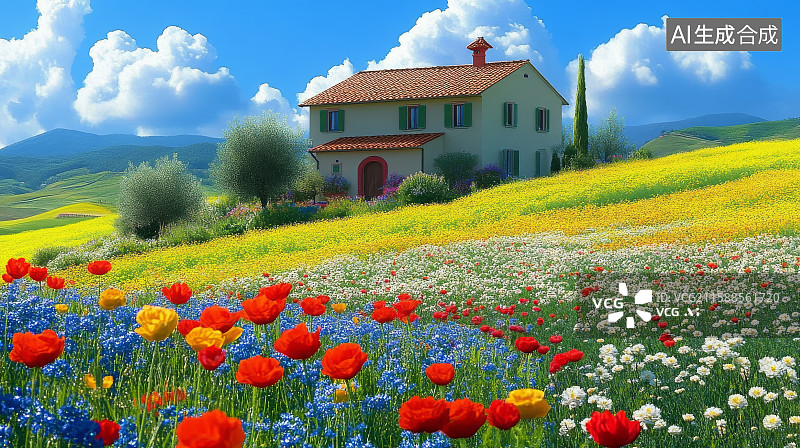 【AI数字艺术】乡村别墅与花海图片素材