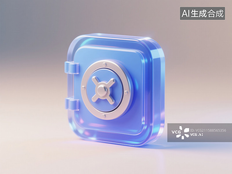 【AI数字艺术】3D 渲染透明蓝色保险箱：科技感安全防护视觉创意图片素材