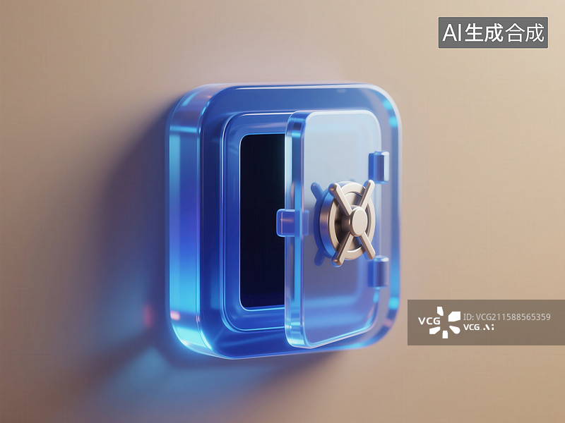【AI数字艺术】3D 渲染透明蓝色保险箱：科技感安全防护视觉创意图片素材