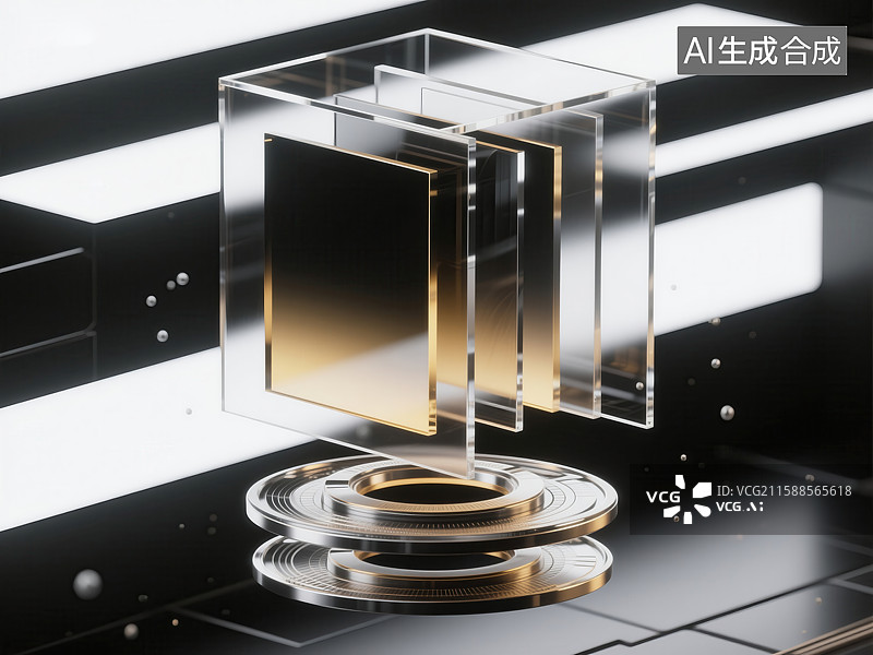 【AI数字艺术】3D 渲染未来感水晶几何装置：科技与光影的艺术融合图片素材