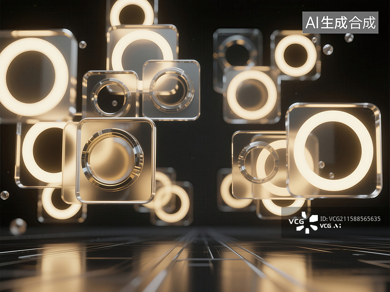 【AI数字艺术】3D 渲染未来感水晶几何装置：科技与光影的艺术融合图片素材