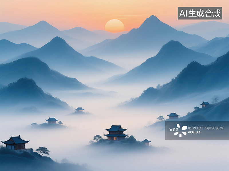 【AI数字艺术】东方山水意境：日出云雾中的古建群与层峦叠嶂图片素材