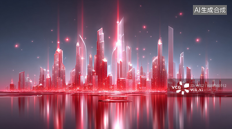 【AI数字艺术】未来城市夜景与水面反射图片素材