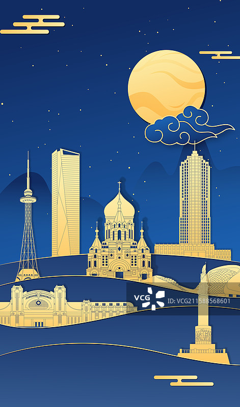 国风中秋节哈尔滨城市建筑金色剪影矢量插画图片素材