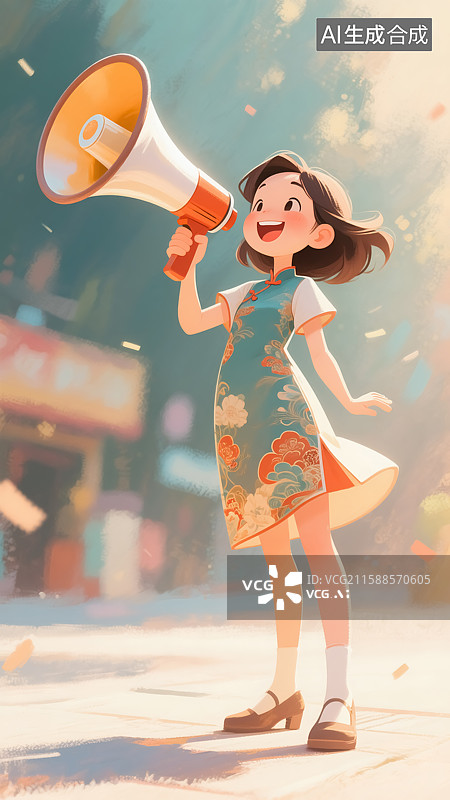 【AI数字艺术】拿着喇叭的女生插画图片素材