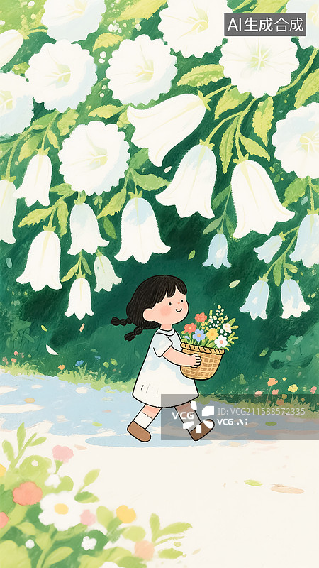 【AI数字艺术】风铃花下采花的女生插画图片素材