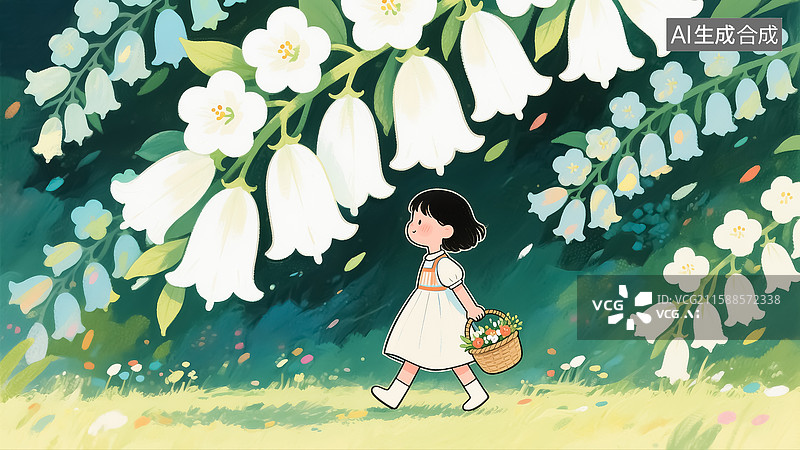 【AI数字艺术】风铃花下采花的女生插画图片素材