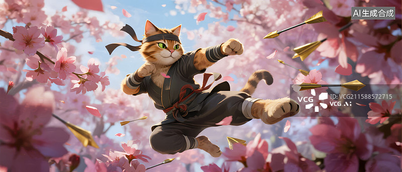 【AI数字艺术】猫咪武术高手在樱花中飞踢图片素材