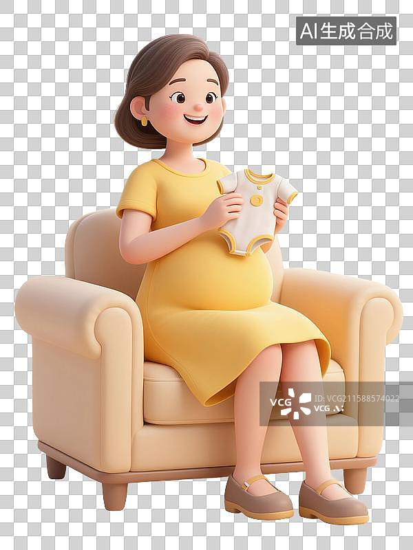 【AI数字艺术】3D渲染卡通人物，一个孕妇坐在沙发，手里拿着婴儿的衣服，怀孕，孕育，女性，母婴，妇科，产科，免抠元素图片素材