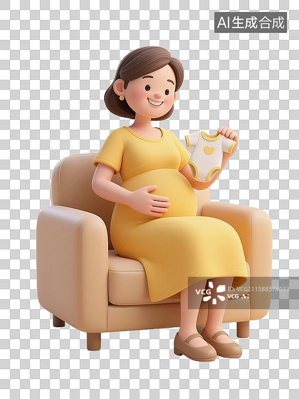 【AI数字艺术】3D渲染卡通人物，一个孕妇坐在沙发，手里拿着婴儿的衣服，怀孕，孕育，女性，母婴，妇科，产科，免抠元素图片素材