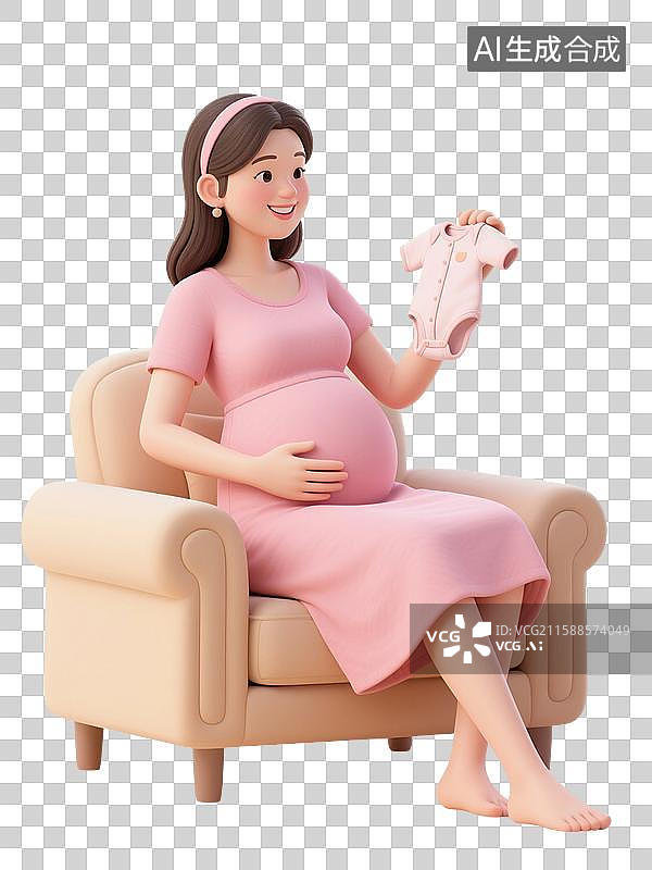 【AI数字艺术】3D渲染卡通人物，一个孕妇坐在沙发，手里拿着婴儿的衣服，怀孕，孕育，女性，母婴，妇科，产科，免抠元素图片素材