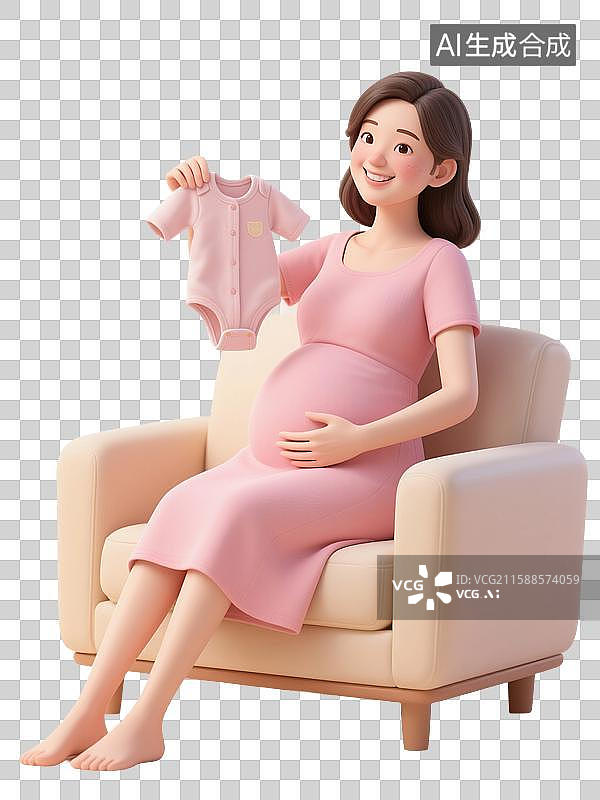 【AI数字艺术】3D渲染卡通人物，一个孕妇坐在沙发，手里拿着婴儿的衣服，怀孕，孕育，女性，母婴，妇科，产科，免抠元素图片素材