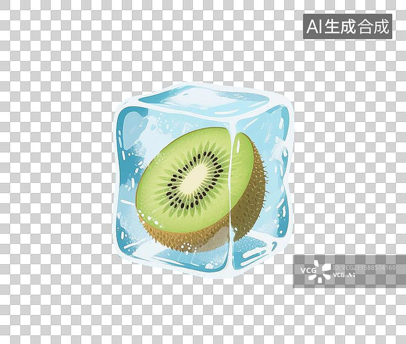 【AI数字艺术】手绘插画，冰块里的奇异果，猕猴桃，蓝色冰块，水果，水果茶，夏天免抠元素图片素材