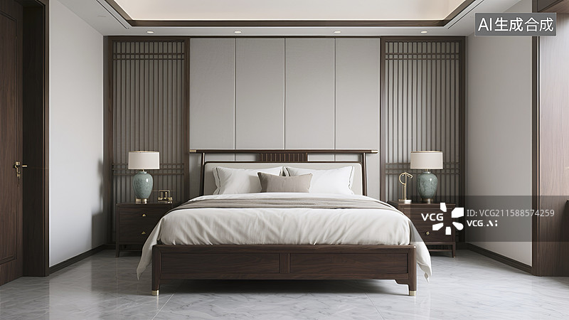 【AI数字艺术】中式轻奢风格的卧室样板间图片素材