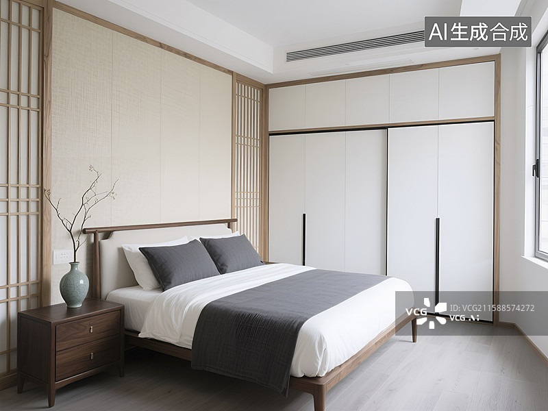 【AI数字艺术】中式轻奢风格的卧室样板间图片素材