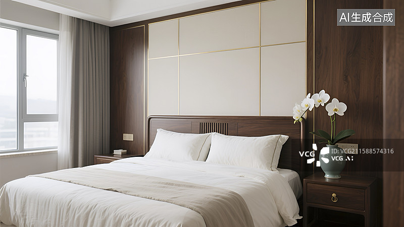 【AI数字艺术】中式轻奢风格的卧室样板间图片素材
