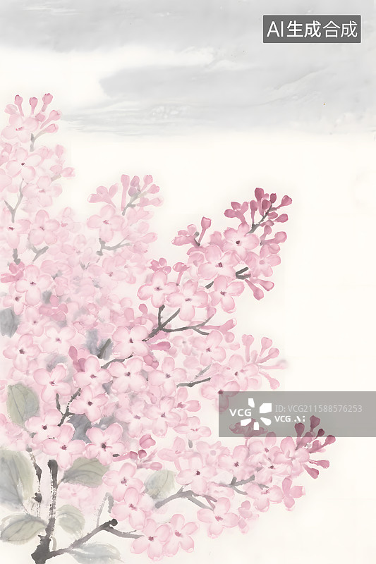 【AI数字艺术】粉色丁香花国画图片素材