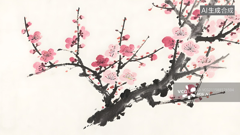 【AI数字艺术】一树桃花水墨国画插画图片素材