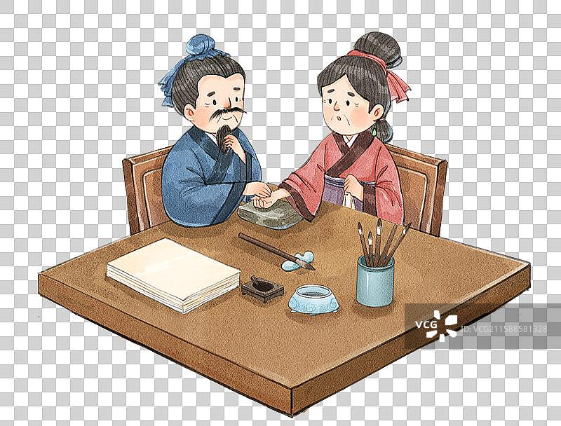 手绘水彩之中医堂把脉小场景免抠元素图片素材