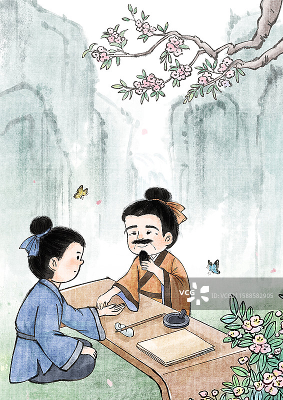 手绘水墨中医把脉场景山水风景治愈系竖图插画图片素材