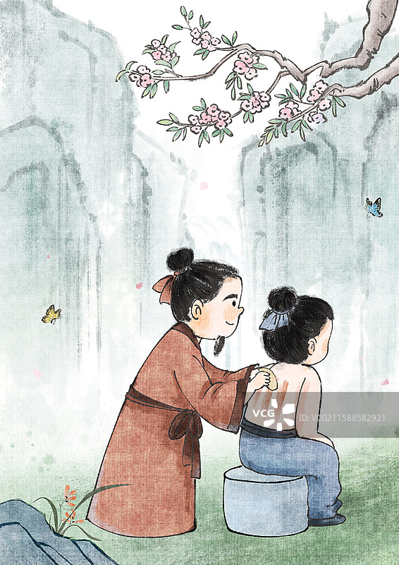 手绘水墨中医刮痧山水风景治愈系竖图插画图片素材