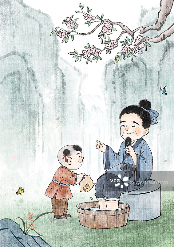 手绘水墨中医泡脚山水风景治愈系竖图插画图片素材