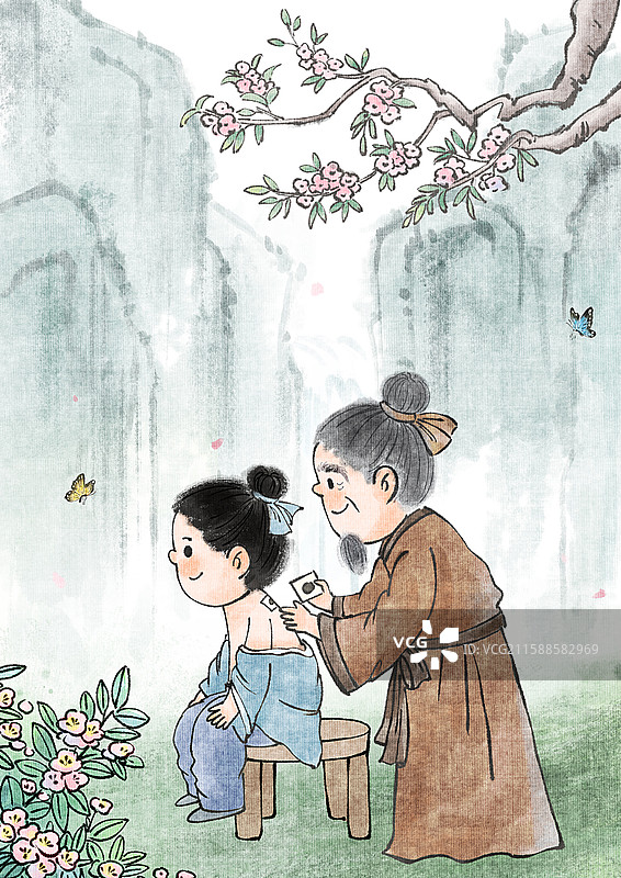 手绘水墨中医三伏贴山水风景治愈系竖图插画图片素材