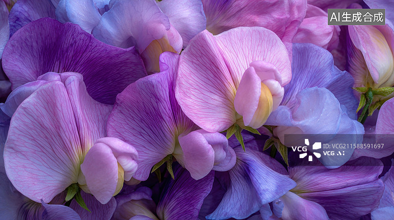 【AI数字艺术】紫色与粉色的甜蜜豌豆花簇图片素材
