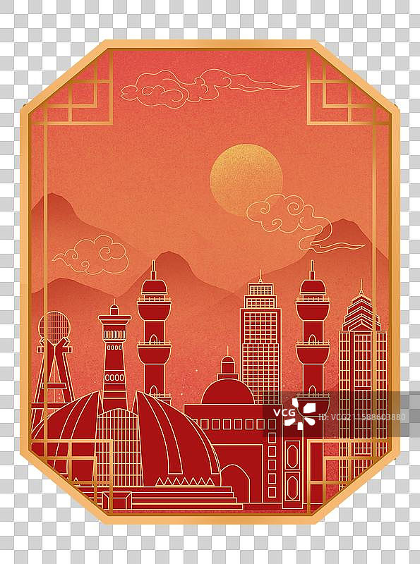 新疆红色中秋节中国风新年古典淡雅山峰窗花图片素材