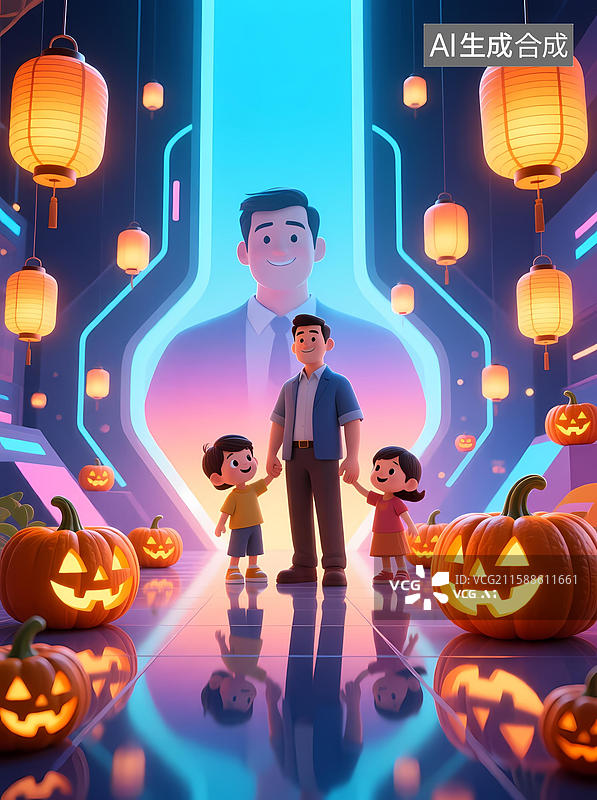 【AI数字艺术】父亲与孩子礼盒灯笼图片素材
