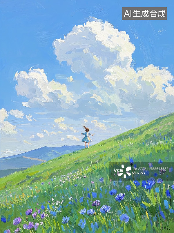 【AI数字艺术】动漫风格,蓬松积云,澄澈蓝天,绿色原野,治愈系氛围,日系插画,晴朗天气,明亮色彩,梦幻,天空场景,无图片素材